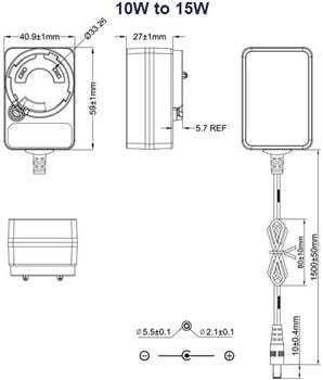 Mechanical Drawing - Phihong PYAxT Interchangeable Plug Wall-Mount Adapters